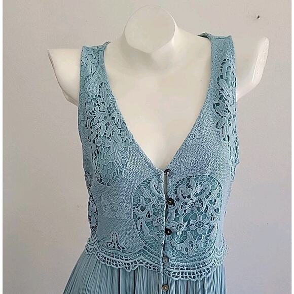 Forever 21 Button Loop Maxi Dress Seafoam Green Sleeveless Lace Cottage Prairie - Picture 4 of 10